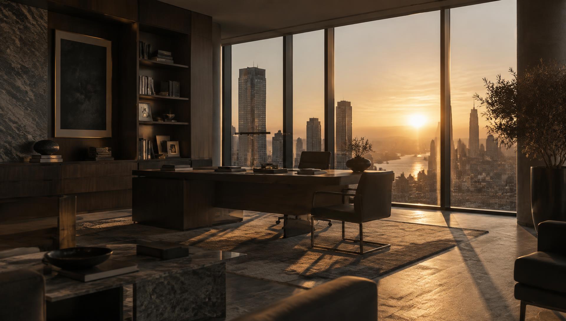 Ufficio executive affacciato sullo skyline al tramonto