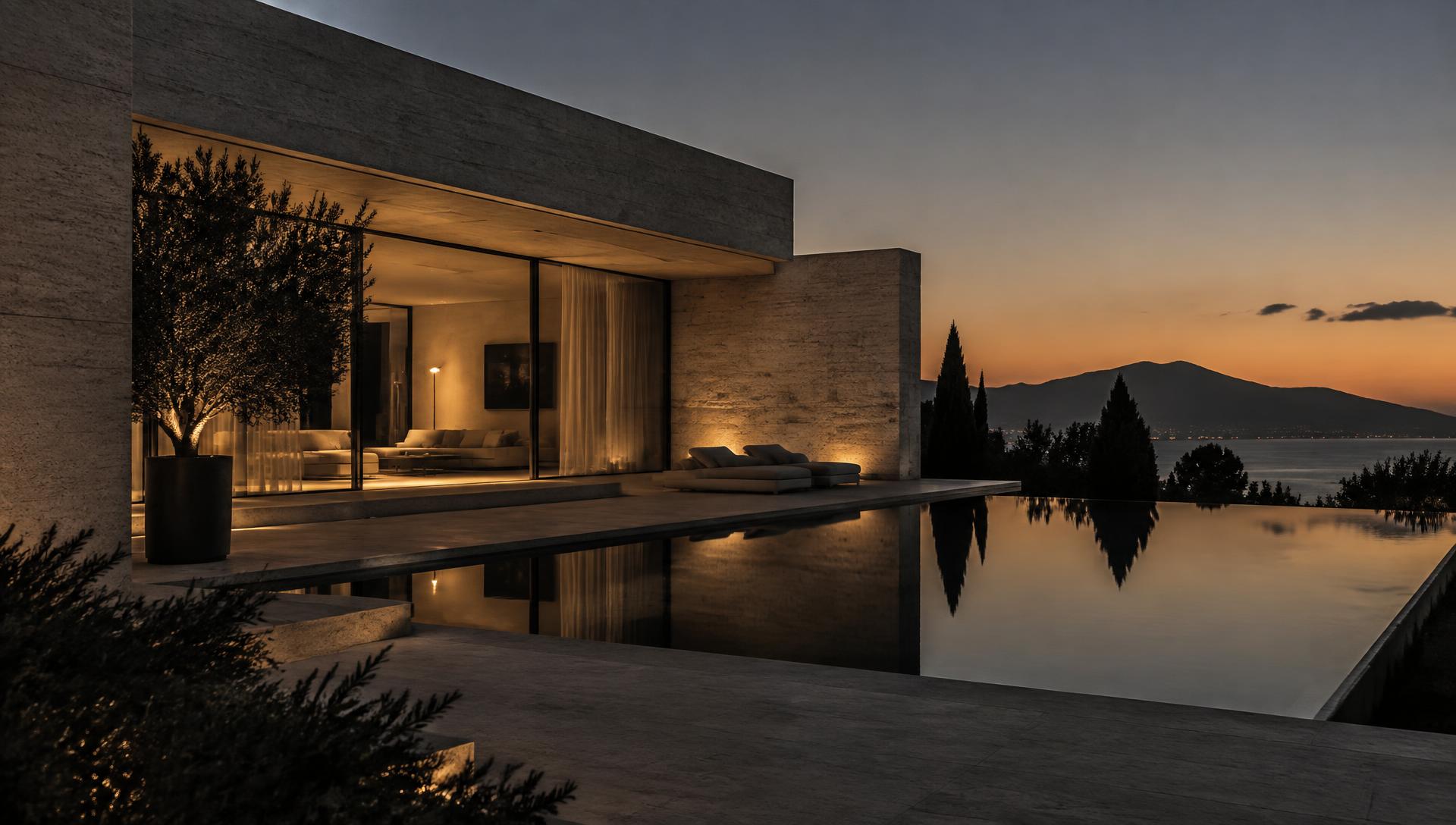 Villa minimalista in pietra al crepuscolo